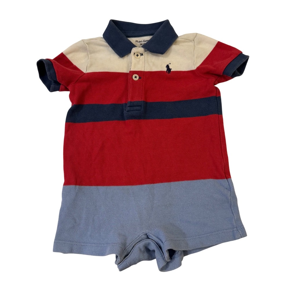 Ralph Lauren Romper Baby 3M Red White Blue Colorblock Polo Snap Bottom Outfit